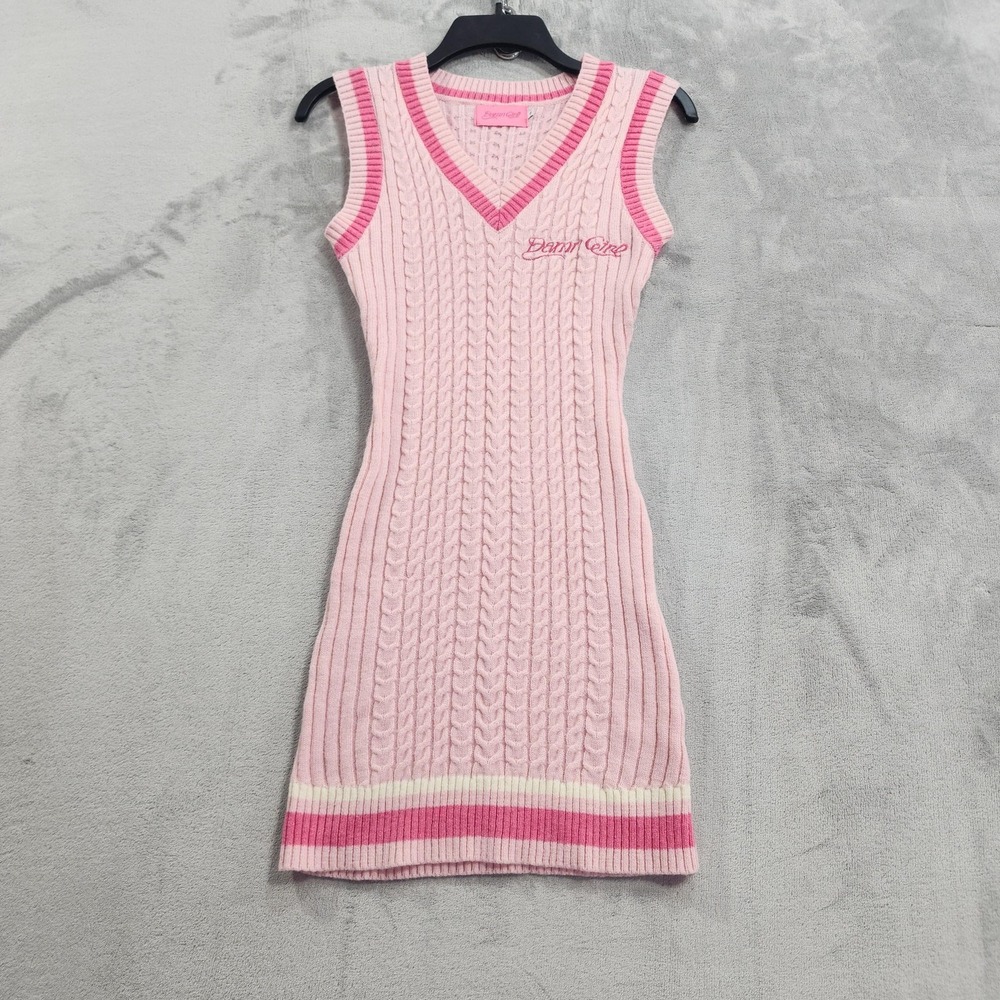 Damn Girl Dress Womens S Pink Cable Knit Sweater Bodycon Sleeveless V-Neck Mini